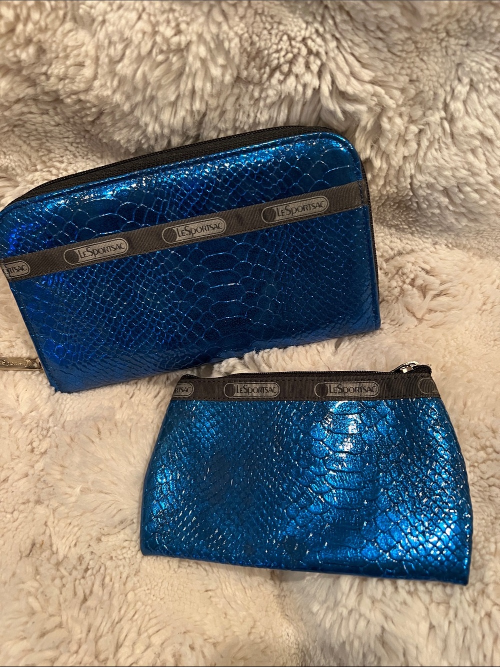 Lesportsac Metallic Blue Snake-Embossed Wallet and Change Pouch Set RETIRED
